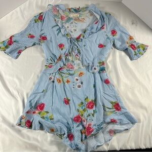 Solemio Los Angeles Women’s Light Blue Striped Floral Jumper,Open front Small